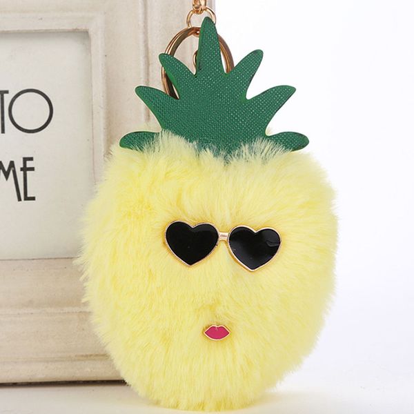 

re fluffy faux fur fruit strawberry pompom keychain women bag charms pineapple key ring trinket car keyring chains j35, Silver