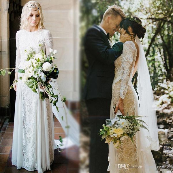 

Lace Bohemian Wedding Dresses Vintage French Lace Long Sleeve Boho Wedding Dress Open Back Bridal Dresses vestido de noiva