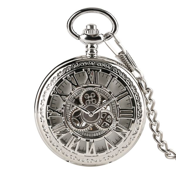 

retro pattern roman number mechanical hand wind pocket watch men skeleton hollow vintage punk mechanical pocket watches gifts, Slivery;golden