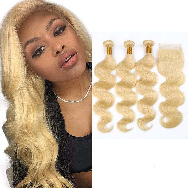 

перуанские человеческие волосы 613 # blonde body wave связка с 4x4 шнурком закрытие 4pieces / серией средней бесплатно три частью шнурок зак, Black;brown