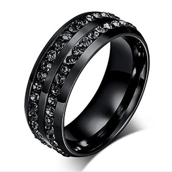 

2018 new fashion men's ring black crystal ring titanium steel full-drill double row circle diamond wedding ring, Silver