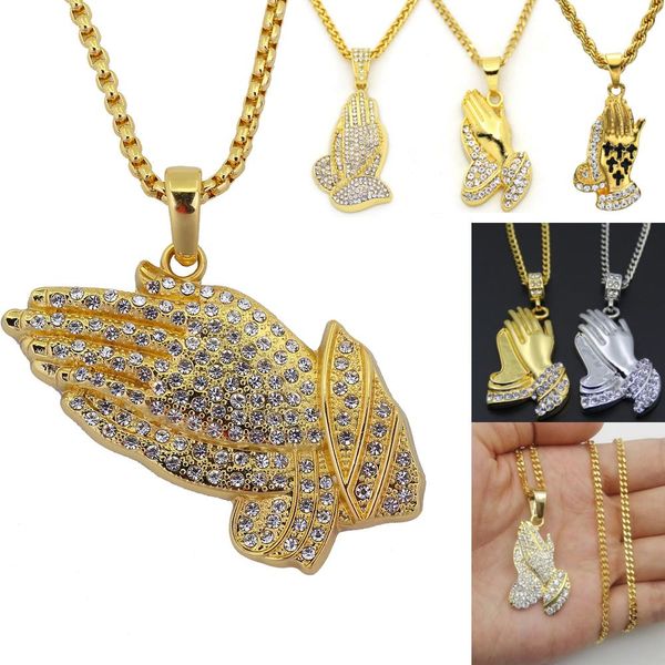 

2017 new silver praying hands hiphop bling necklace mens 18k gold religous jewlry iced out prayer jesus women men gift plating