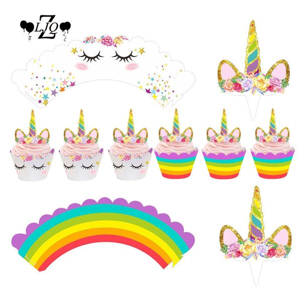 

zljq 12pcs unicorn cake er cupcake wrappers unicorn horn ears and eyelash for party birthday baby shower decoration