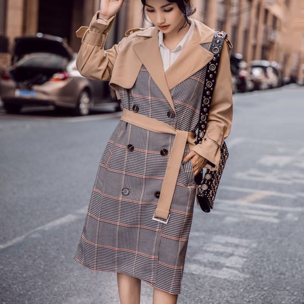 

2018 autumn new brand women plaid trench coat long windbreaker europe america fashion trend double-breasted slim long trench, Tan;black