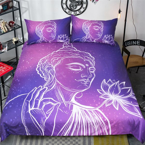 Buddha Bedding Set Lotus Floral Bed Cover Purple Printed Duvet