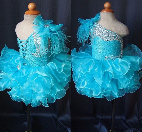

Toddler Pageant Dresses Blue One Shoulder Lace Up Cupcakes Girl Pageant Gowns Crystal Beaded Lace Organza Ruffles Little Kids Prom Dress