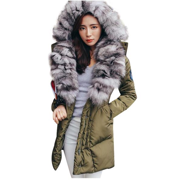 

large real fur 2017 winter jacket women natural fur collar hooded down jacket for women winter coat female parka, Black