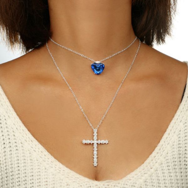 

trendy zircon cross pendant necklaces for women heart of the ocean 2 layer silver color fashion jewelry gift for girl kb395