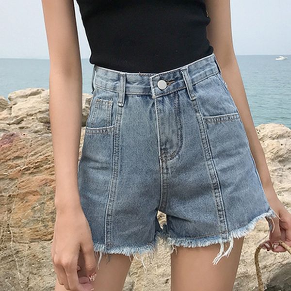

exotao mini pockets boyfriend jeans for women fashion solid color denim shorts summer casual tassel jeans shorts femmes, Blue