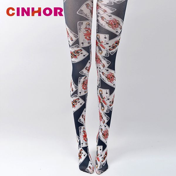

cinhor poker pattern stockings spring tide female college wind printing bottom pantyhose thin cotton long fight color, Black;white