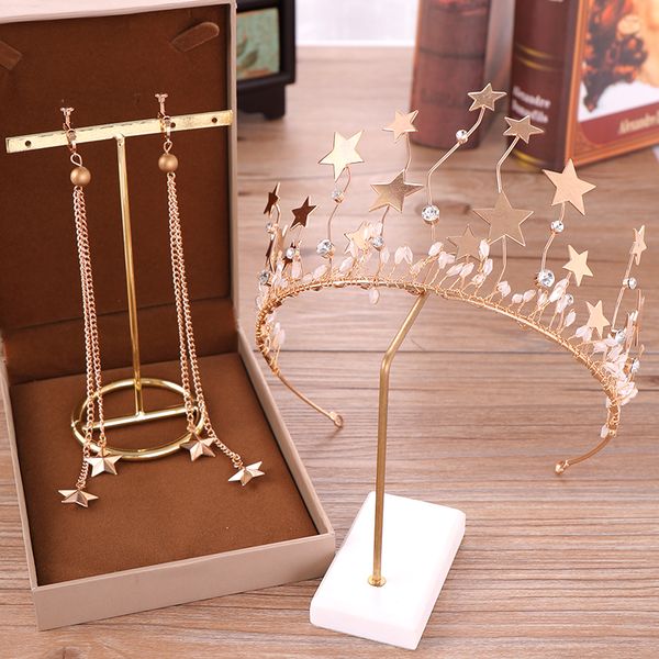 

stars crown women headpices with long earrings princess bridal wedding crowns rhinestone pearl tiaras headbands, Golden;white