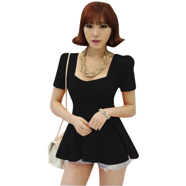 

2019 new fashion women new square collar puff short sleeve slim fitted peplum tee s - xl ing, White