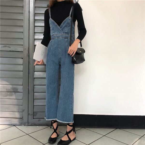 

v-neck backless denim overalls women baggy wide leg romper jeans denim bib overalls casual ankle boyfriend jumpsuit jeans, Blue