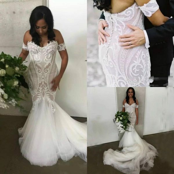 Mermaid 2019 Strand Brautkleider aus der Schulter Plus Größe Hochzeitskleid Kapelle Zug Heißer Verkauf Spitze Appliziert Brautkleid