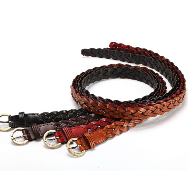 

himunu] new style weaving genuine leather thin female belt for women decoration dress coat cummerbunds color full length 110cm, Black;brown