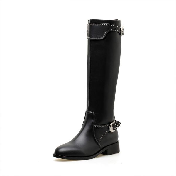 

silla rulers genuine leather chivalry boots women metal belt buckle women's knee high boots round toe low heels motorcycle, Black