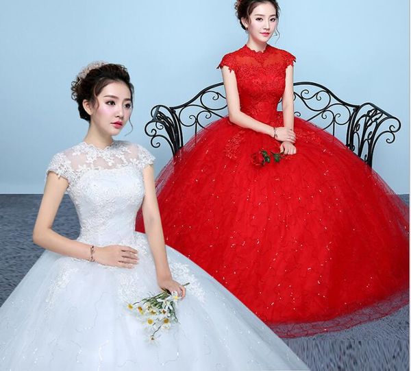 Vestido de noiva de renda de novo estilo branco estilo coreano Apliques simples vestido de cabeceira chinesa Princesa nupcial vestidos feitos na China