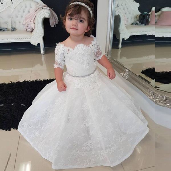 

2019 princess lace flower girl dresses sheer bateau neck short sleeves floral appliques kids formal gowns for wedding party crystal belt, White;blue
