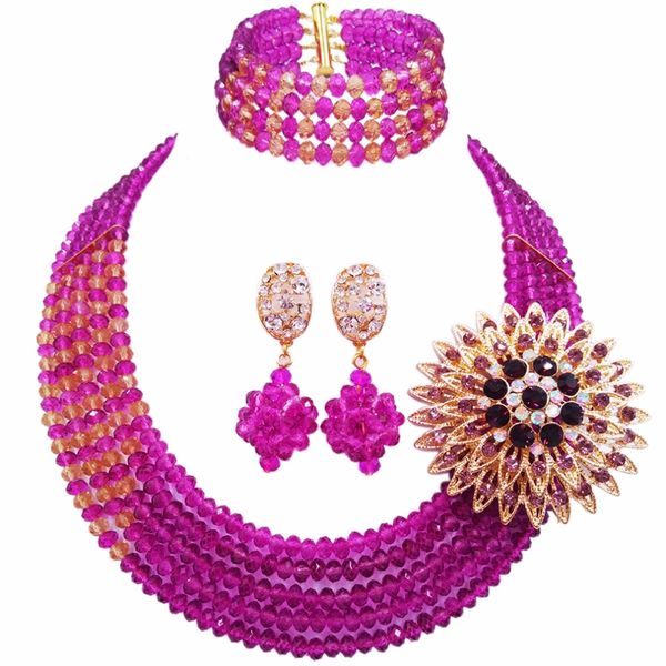 

wholesale 12pcs purple champagne gold multi strands statement necklace african wedding beads nigerian jewelry set crystal 5jz12, Slivery;golden