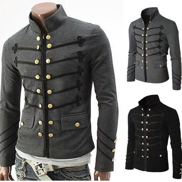 

retro fashion coat embroidered button solid color men's jacket cardigan jacket gold button long sleeve men's large size, Black;brown