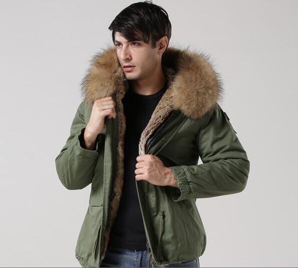 

meifeng brand brown fur trim men mini parkas khaki rabbit fur lining army green canvas jackets short style men coats for snow weather, Black