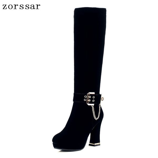

zorssar} 2019 fashion flock leather platform heels women knee high boots winter warm plush inside snow boots womens high, Black