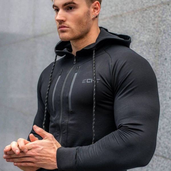 

mens zipper hoodies fashion casual gyms fitness bodybuilding hooded jacket male cotton sweatshirts sportswear clothing, Black