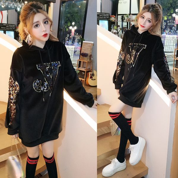 

блестки шить плюс бархат средней длины с капюшоном свитер пальто + чулки из двух частей, Black