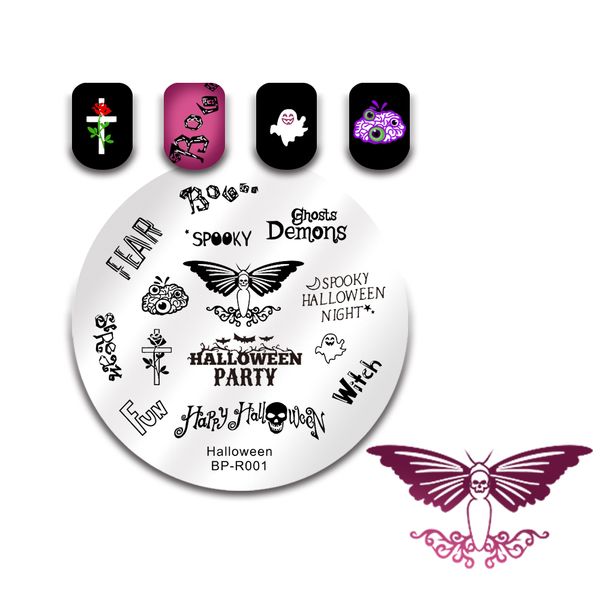 

born pretty round nail stamping template skull zombie ghost moth spooky pumpkin nail art stamp plate halloween series, White