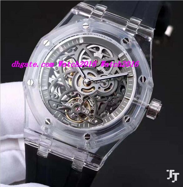 

new style luxury watches mens black/white rubber bracelet steel skeleton 42mm automatic fashion men's watch wristwatch