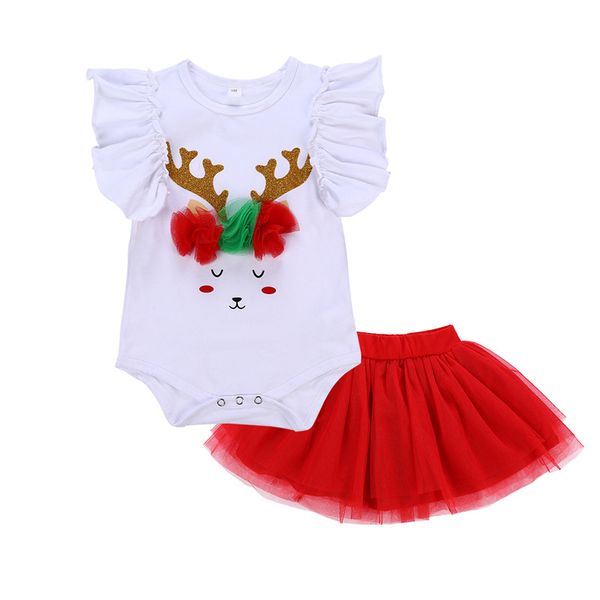 2018 Marka Yeni Yürüyor Bebek Kız Giysileri Set Bebek Noel 3D Geyik Kıyafetler Petal Kollu Beyaz Romper Tops + Dantel Kırmızı Tutu Etek 2 ADET