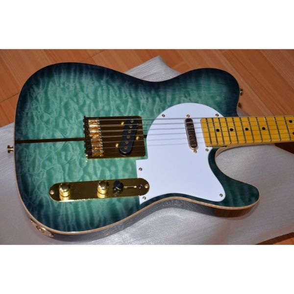 

blue sunburst quilted maple merle haggard tuff dog tele tl electric guitar maple neck & fingerboard, string thru body, gold hardware