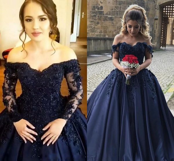 

2018 navy blue quinceanera ball gown dresses off shoulder 3d flower lace applique sweep train satin corset plus size prom evening gowns wear, Blue;red
