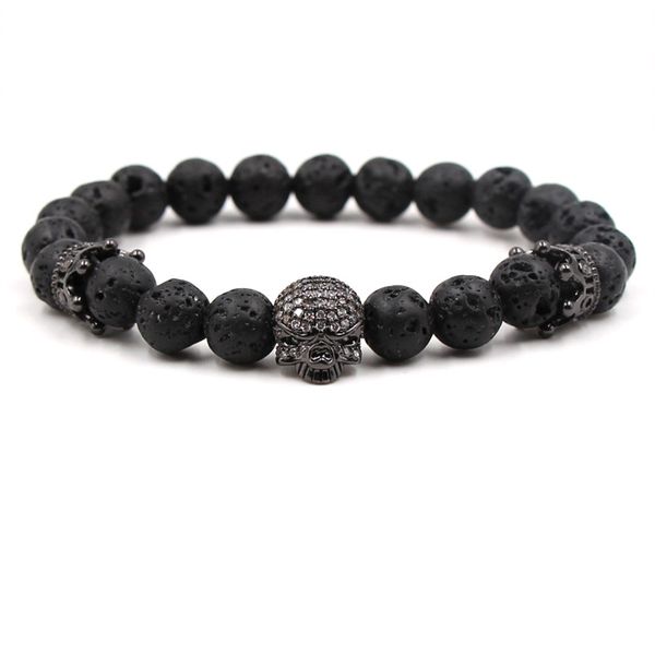 

new men charm bracelet cz skull mala yoga lava stone beads crown bracelet for men handmade jewelry masculina pulseira, Black