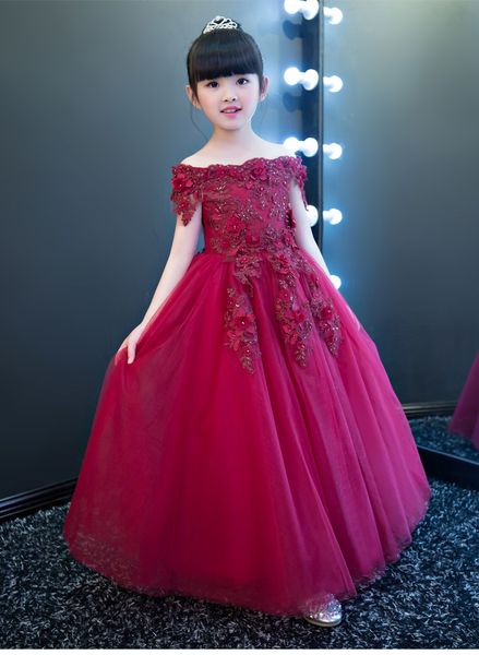 

elegant girls shoulderless flower girl wedding dress appliques party tulle princess birthday dresses gown, Red;yellow