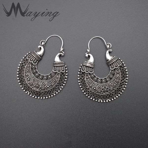 

whole saleafrican tribal gypsy antique silver gold chandelier hoop earrings for women carved hollow vintage ear piercing jewelry, Golden;silver