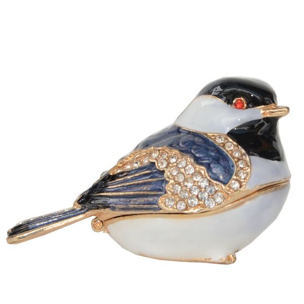 

chickadee bird trinket jewelry box enameled box crystals figurine bird decor gifts necklace holder, Black;white
