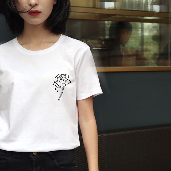 

zsiibo rose flower pocket print women casual funny shirt for lady hipster tumblr drop ship blouses shirt t-shirt women wt77 wr, White