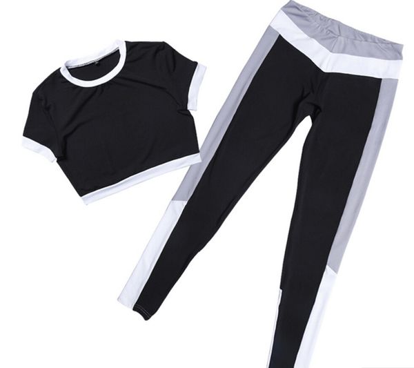 

women tracksuit yoga set patchwork running fitness jogging t-shirt leggings sport suit gym sportswear workout clothing, White;red