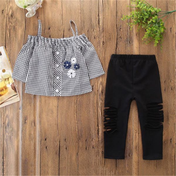 

kids baby girl sling t-shirt embroidery flower + long holes pants jeans outfits plaid clothes 2-7y set, White