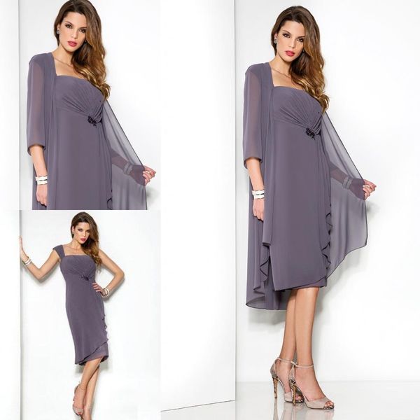 

New Mother of the Bride Dresses Formal Evening Dresses With V Neck Long Sleeve Jacket Sheath Lace Knee Length Chiffon Wedding Guest Dresses