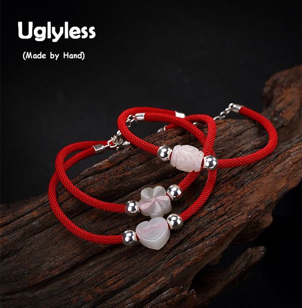 

uglyless s 925 sterling silver bracelets women good luck red rope bracelet natural white jade heart flower beads charms jewelry, Golden;silver
