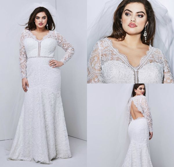 Abiti da sposa taglie forti Sirena Scollo a V Pizzo Schiena svasata Maniche lunghe Abiti da sposa Sweep Train Country Fat Women Dress robes de mari￩e