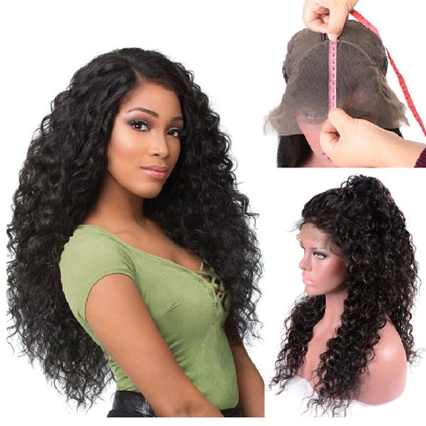 

water wave lace front human hairs wigs for women big curly human hair wig 150% density brazilian remy, Black;brown