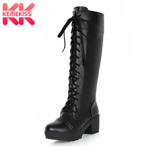 

kemekiss plus size 33-48 women platform black shoes women's lace up square high heels boats knee high warm boots add fur inside