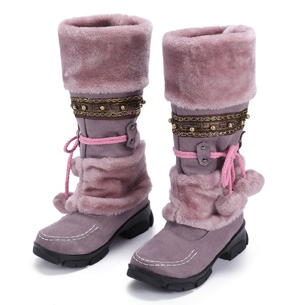 

women suede hairball round toe square heel shoes keep warm slip-on snow boots female winter shoes woman fur warm boots, Black