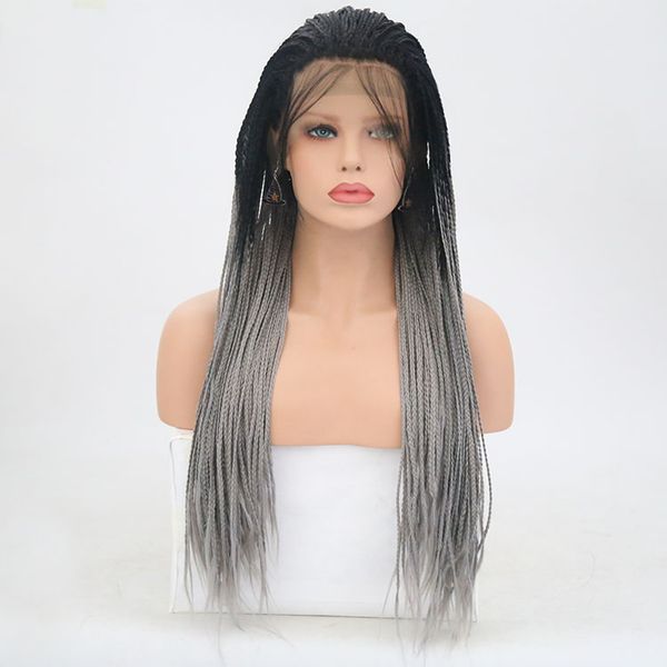 Synthetic Lace Front Wig Braided For Black Woman Ombre Grey Silver
