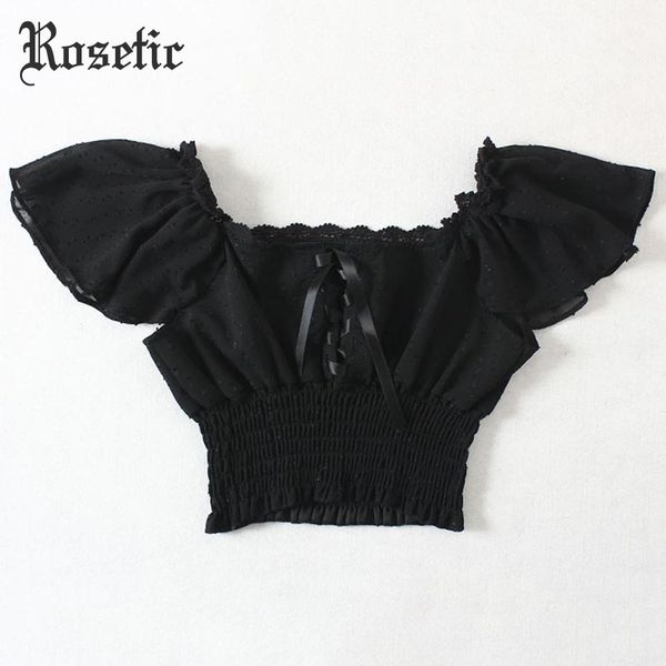 

rosetic woman gothic short blouse slim summer short sleeve slash neck lace-up crop girls party travel fashion blouses, White
