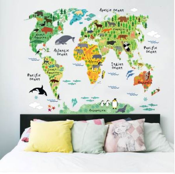ISABEL WORLD mappa del mondo animale adesivi murali per camerette soggiorno decorazioni per la casa decalcomania arte murale arte della parete per ufficio fai da te