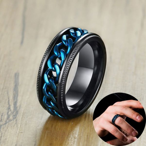 

8mm men's fidget black rings with blue center curb chain spinner ring stainless steel reliever worry wedding band male jewelry, Silver